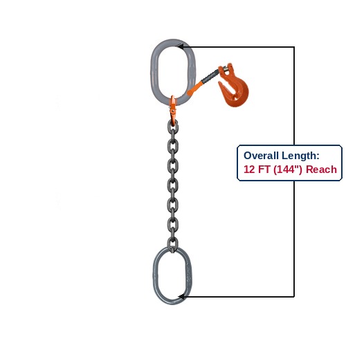 Grade 100 SOOA Single-Leg Adjustable Alloy Chain Sling with Grey Oblong Master Link and Grey Oblong Master Rings and Clevis Grab Hook Adjuster Showing 12 FT (144") Overall Length Reach