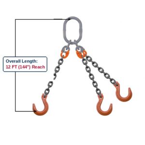 Grade 100 TOF Triple-Leg Alloy Chain Sling with Grey Master Link Sub-Assembly and Clevis Foundry Hooks Showing 12 FT (144") Overall Length Reach