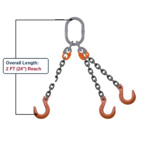 Grade 100 TOF Triple-Leg Alloy Chain Sling with Grey Master Link Sub-Assembly and Clevis Foundry Hooks Showing 2 FT (24") Overall Length Reach