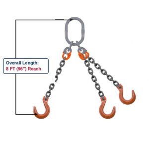 Grade 100 TOF Triple-Leg Alloy Chain Sling with Grey Master Link Sub-Assembly and Clevis Foundry Hooks Showing 8 FT (96") Overall Length Reach