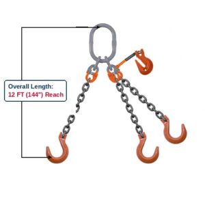 Grade 100 TOFA Triple-Leg Adjustable Alloy Chain Sling with Grey Master Link Sub-Assembly and Clevis Foundry Hooks with Grab Hook Adjuster Showing 12 FT (144") Overall Length Reach