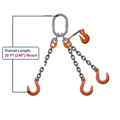 Grade 100 TOFA Triple-Leg Adjustable Alloy Chain Sling with Grey Master Link Sub-Assembly and Clevis Foundry Hooks with Grab Hook Adjuster Showing 20 FT (240") Overall Length Reach