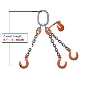 Grade 100 TOFA Triple-Leg Adjustable Alloy Chain Sling with Grey Master Link Sub-Assembly and Clevis Foundry Hooks with Grab Hook Adjuster Showing 6 FT (72") Overall Length Reach