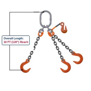 Grade 100 TOFA Triple-Leg Adjustable Alloy Chain Sling with Grey Master Link Sub-Assembly and Eye Foundry Hooks with Grab Hook Adjuster Showing 10 FT (120") Overall Length Reach