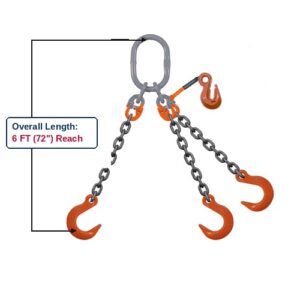 Grade 100 TOFA Triple-Leg Adjustable Alloy Chain Sling with Grey Master Link Sub-Assembly and Eye Foundry Hooks with Grab Hook Adjuster Showing 6 FT (72") Overall Length Reach