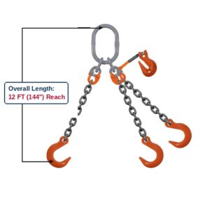 Grade 100 TOFA Triple-Leg Adjustable Alloy Chain Sling with Grey Master Link Sub-Assembly and Eye Foundry Hooks and Clevis Grab Hook Adjuster Showing 12 FT (144") Overall Length Reach