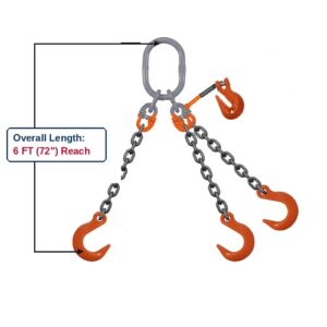 Grade 100 TOFA Triple-Leg Adjustable Alloy Chain Sling with Grey Master Link Sub-Assembly and Eye Foundry Hooks and Clevis Grab Hook Adjuster Showing 6 FT (72") Overall Length Reach