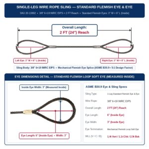 Slings Unlimited 3/8" 6×19 IWRC EIPS x 2 FT (24 in.) Reach Single-Leg Wire Rope Sling w/ Standard Flemish Eyes (SKU 20-13802) — Standard Flemish Soft Eyes Both Ends, ASME B30.9 5:1 Design Factor