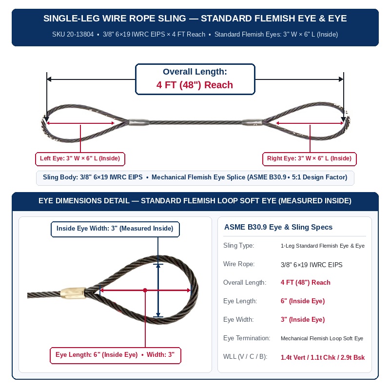 Slings Unlimited 3/8" 6×19 IWRC EIPS x 4 FT (48 in.) Reach Single-Leg Wire Rope Sling w/ Standard Flemish Eyes (SKU 20-13804) — Standard Flemish Soft Eyes Both Ends, ASME B30.9 5:1 Design Factor