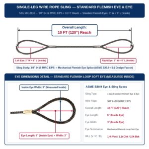 Slings Unlimited 3/8" 6×19 IWRC EIPS x 10 FT (120 in.) Reach Single-Leg Wire Rope Sling w/ Standard Flemish Eyes (SKU 20-13810) — Standard Flemish Soft Eyes Both Ends, ASME B30.9 5:1 Design Factor
