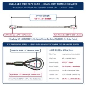 Slings Unlimited 3/8" 6×19 IWRC EIPS x 6 FT (72 in.) Reach Single-Leg Wire Rope Sling w/ Heavy-Duty Thimble Eyes (SKU 20-23806) — Heavy-Duty Galvanized Thimble Eyes Both Ends, ASME B30.9 5:1 Design Factor