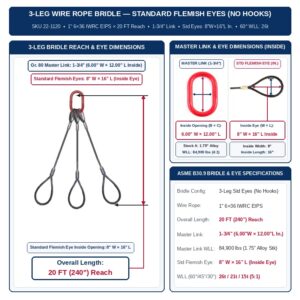 Slings Unlimited 1" 6×36 IWRC EIPS x 20 FT (240 in.) Reach 3-Leg Wire Rope Bridle Sling w/ Standard Flemish Eyes (No Hooks) (SKU 22-1120) — Grade 80 Master Link & Standard Flemish Eyes, ASME B30.9 5:1 Design Factor