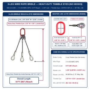 Slings Unlimited 1" 6×36 IWRC EIPS x 8 FT (96 in.) Reach 3-Leg Wire Rope Bridle Sling w/ Heavy-Duty Thimble Eyes (No Hooks) (SKU 22-2108) — Grade 80 Master Link & Heavy-Duty Thimble Eyes, ASME B30.9 5:1 Design Factor
