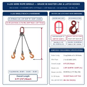 Slings Unlimited 1" 6×36 IWRC EIPS x 6 FT (72 in.) Reach 3-Leg Wire Rope Bridle Sling w/ Grade 80 Latch Hooks (SKU 22-3106) — Grade 80 Master Link & Grade 80 Alloy Eye Hoist Hooks w/ Latch, ASME B30.9 5:1 Design Factor